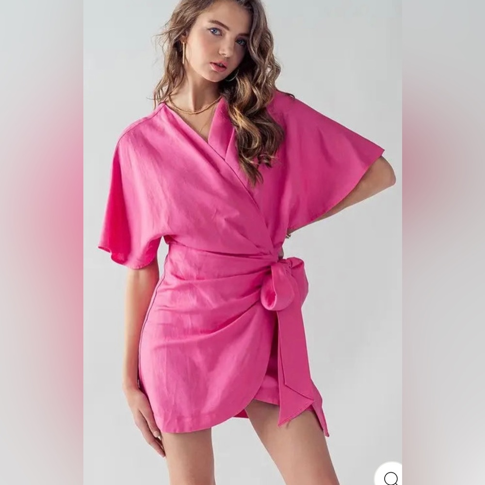 Aaron & Amber Boutique Pink Wrap Dress NWT Linen Large boutique Summer $69